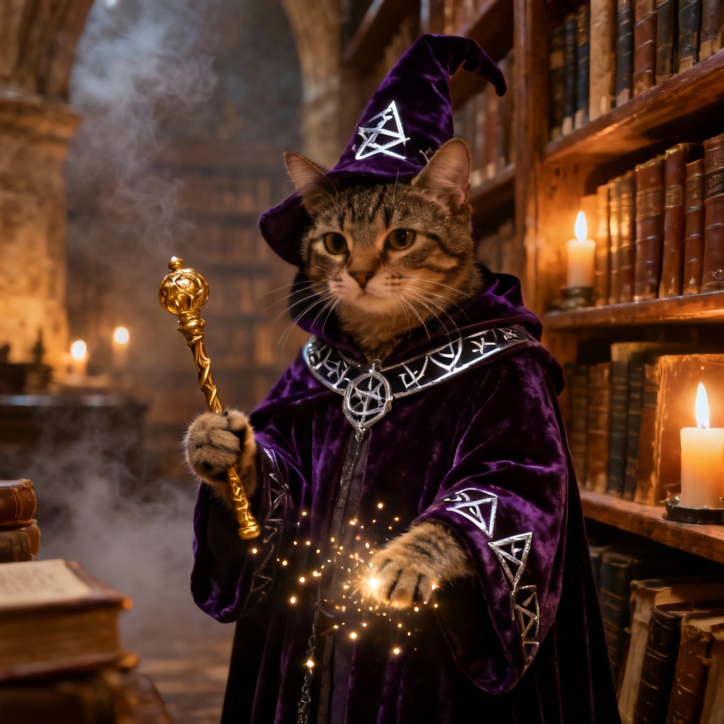AI wizard cat cosplay in a magical library