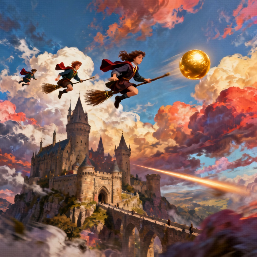 AI broom flight chase over castle towers