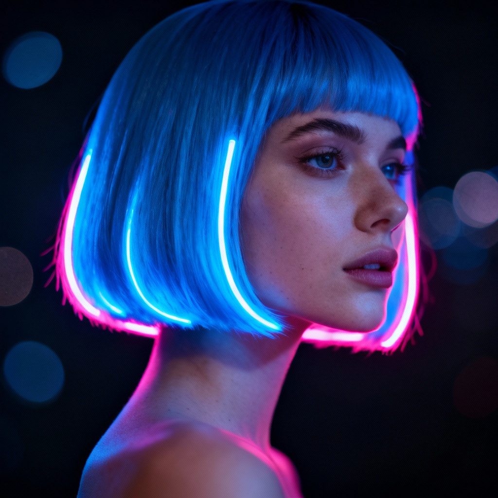 AI portrait with neon glowing bob hairstyle in a studio setting