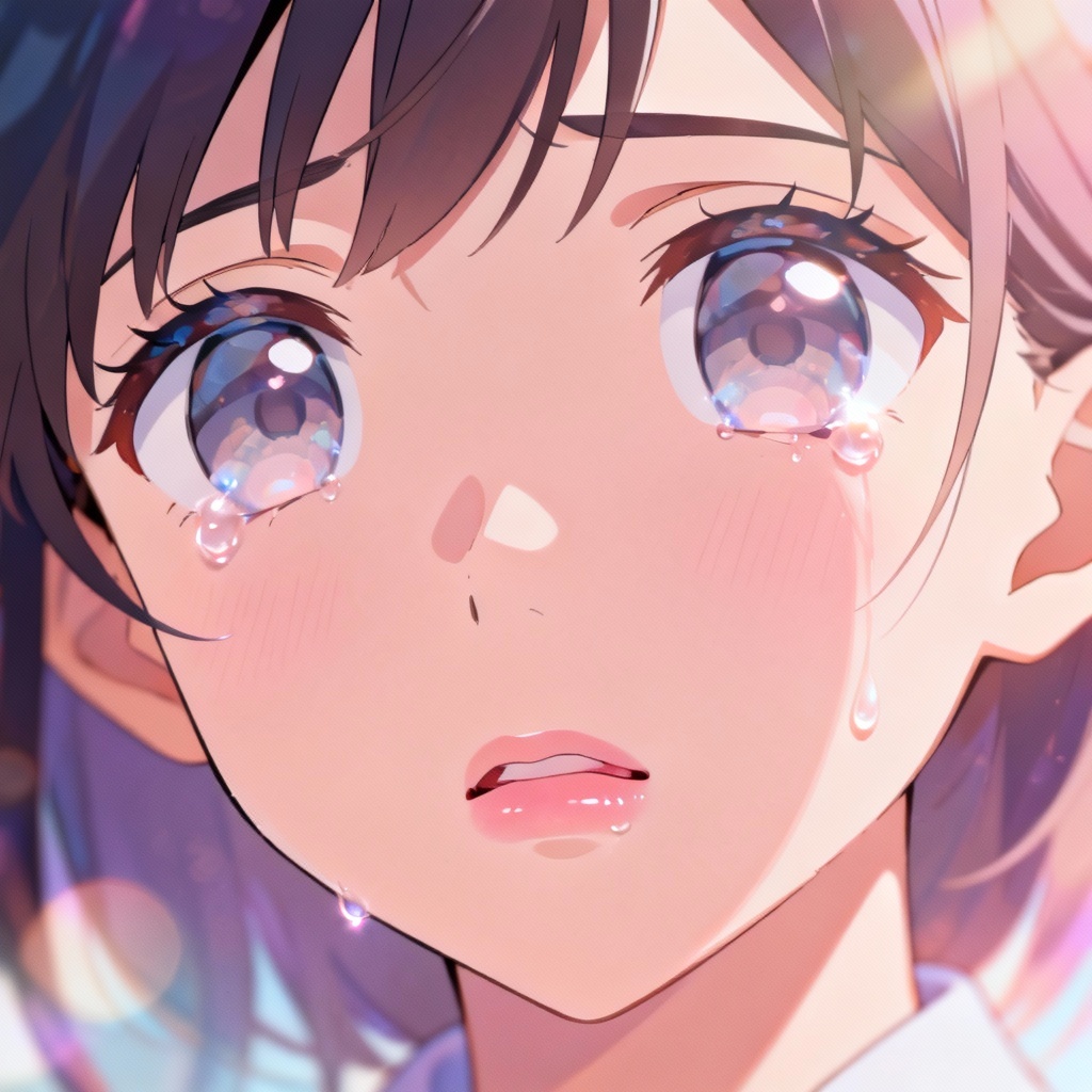 AI anime girl crying with glassy eyes and sparkling tears