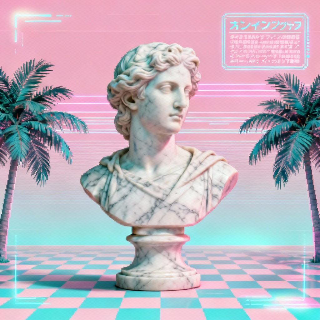 AI vaporwave album cover with statue bust and palm trees