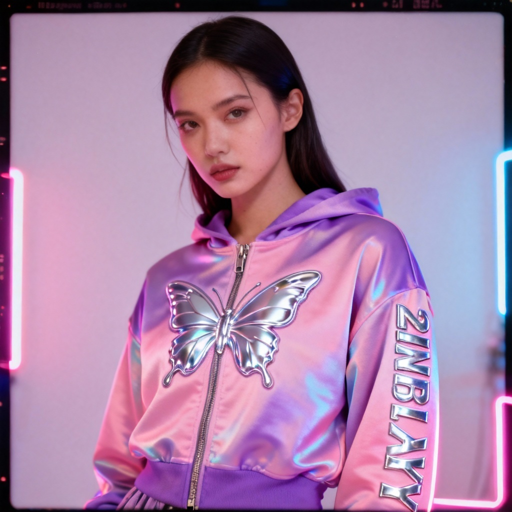 AI Y2K chrome butterfly hoodie try on