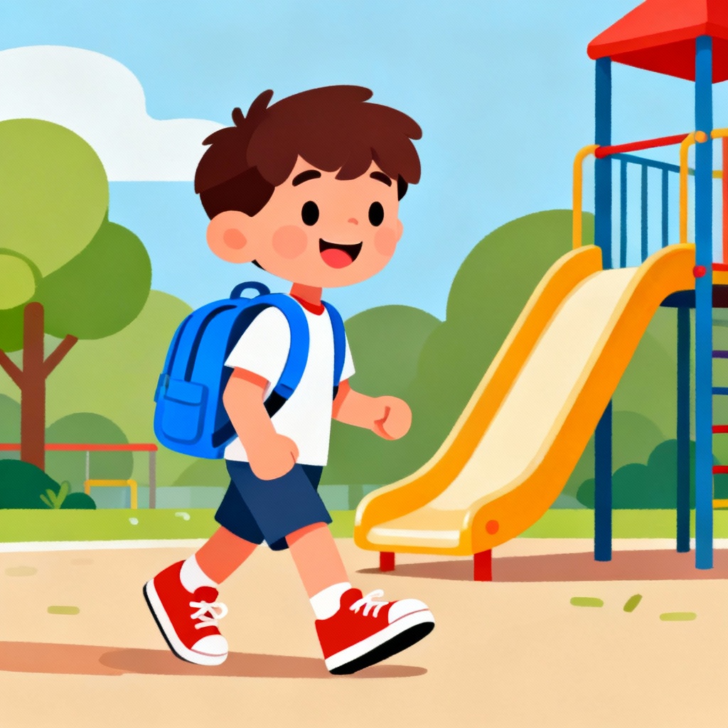 Flat vector schoolboy with backpack on a playground