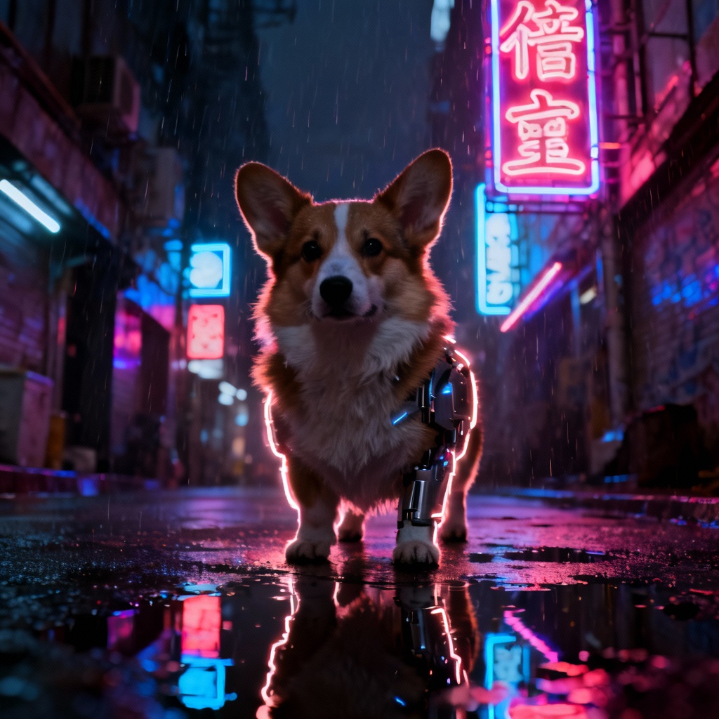 AI cyberpunk corgi in neon city