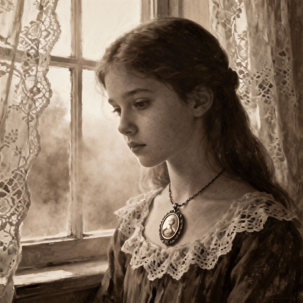 AI Victorian mysterious girl by a lace-draped window