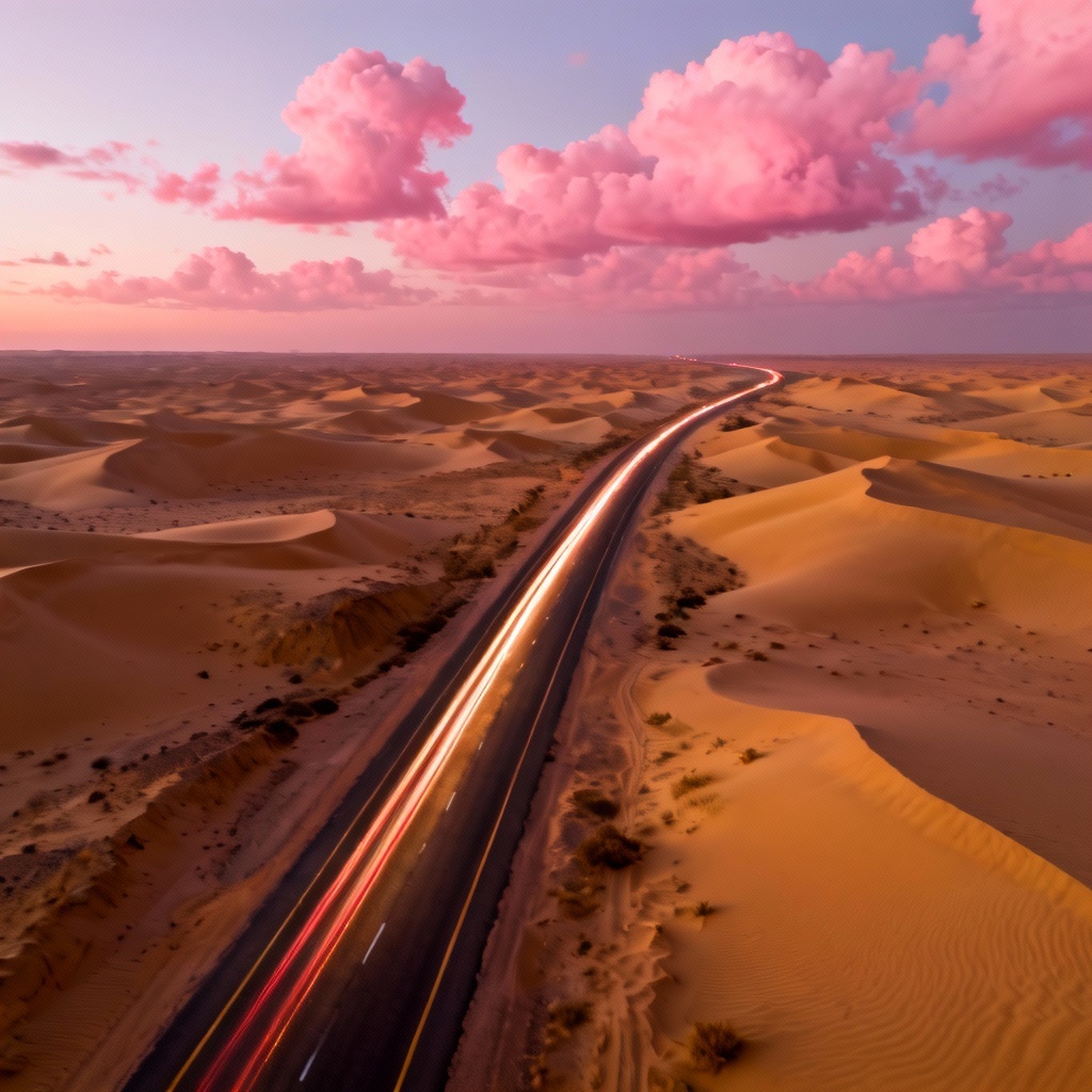 Drone view of desert highway at dusk with pink clouds