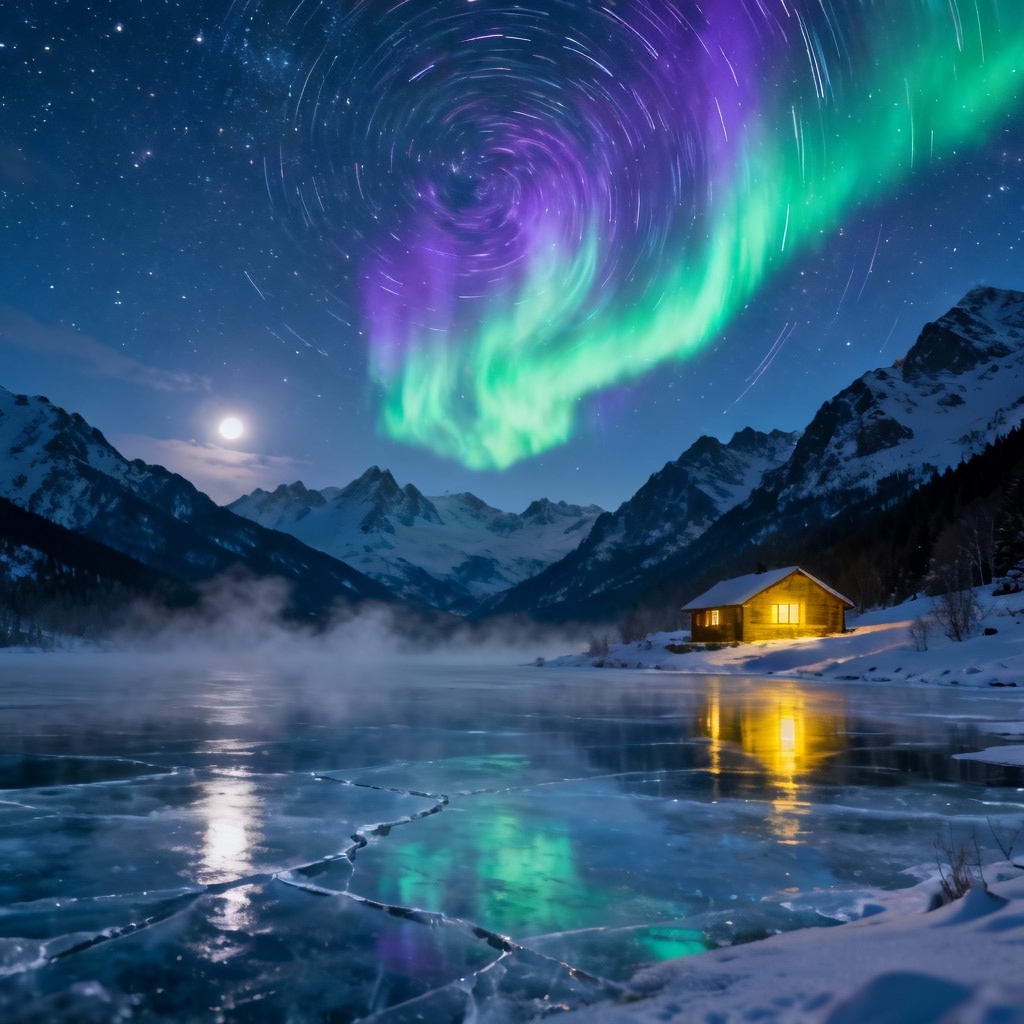 AI aurora over snowy mountains with frozen lake