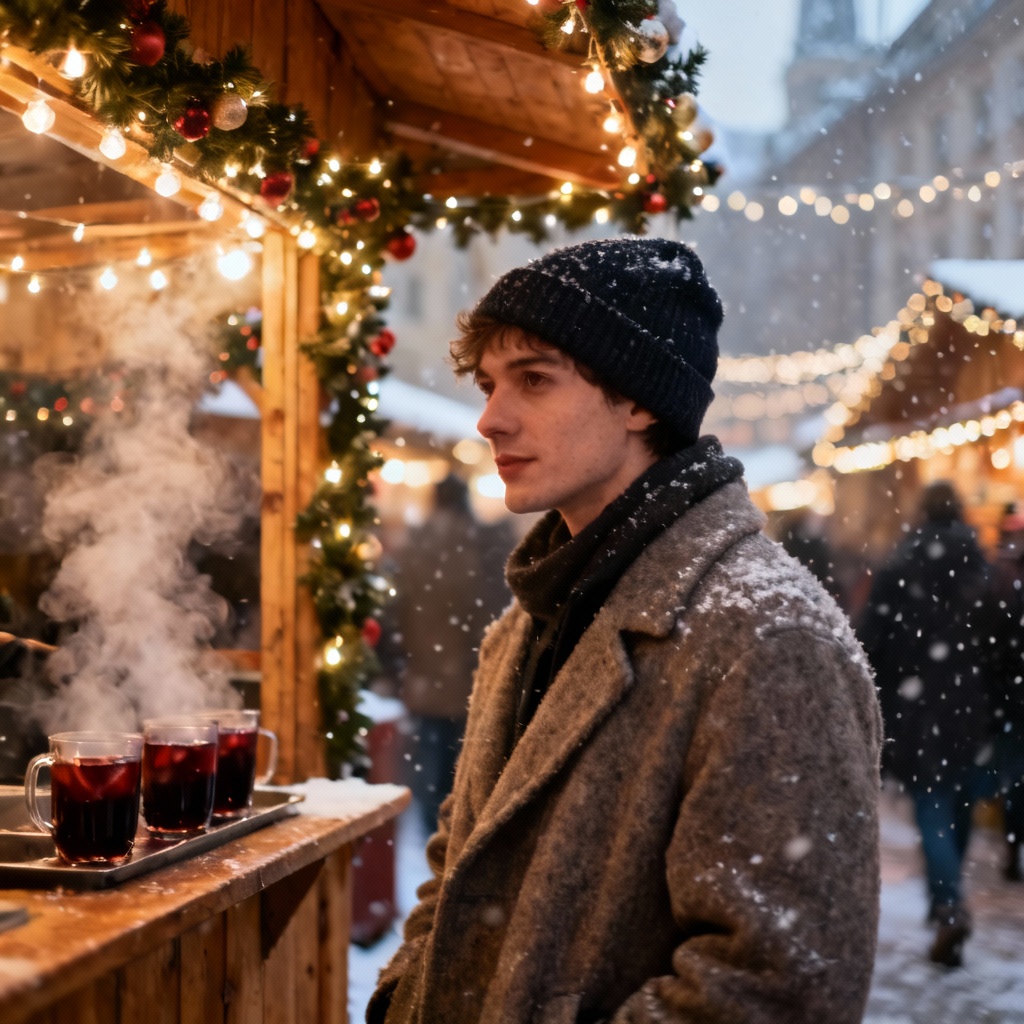 AI holiday photo at a European Christmas market