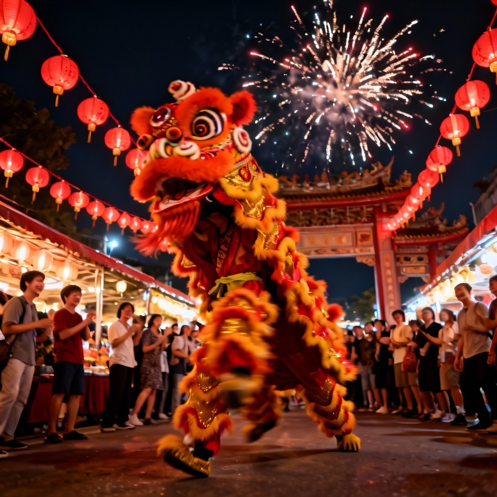 Lion dance celebration at lantern-lit Chinese night market