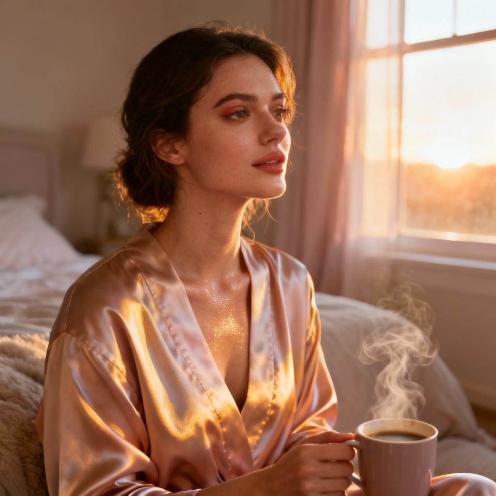 AI morning beauty portrait in soft sunrise window light with dewy skin