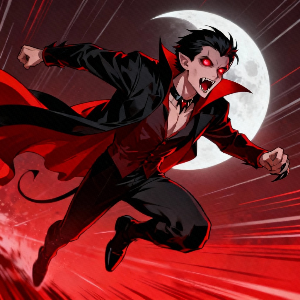 AI anime vampire hero with dynamic pose and glowing eyes