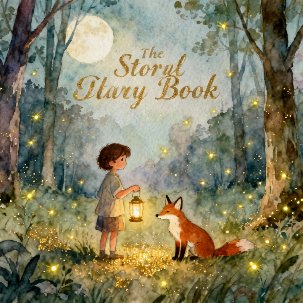 AI fairytale storybook cover with moonlit forest and child hero