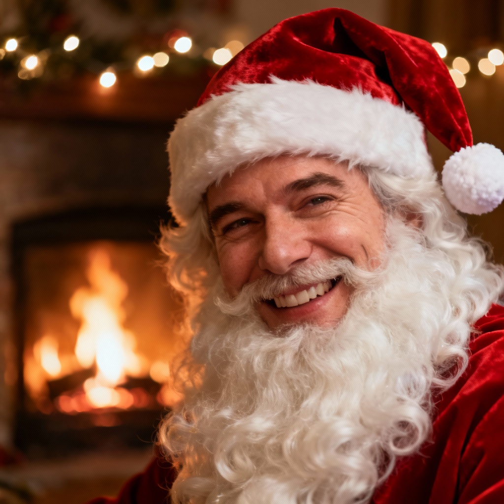 AI Santa portrait generated from a selfie with cozy fireplace background
