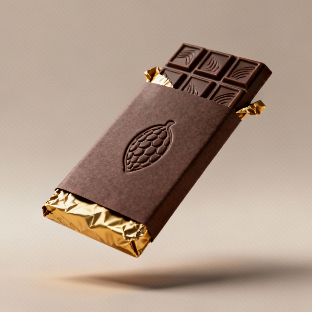 3D chocolate bar with gold foil packaging mockup