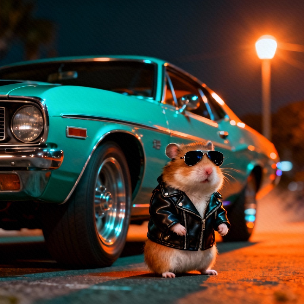 AI gangster hamster in leather jacket by muscle car