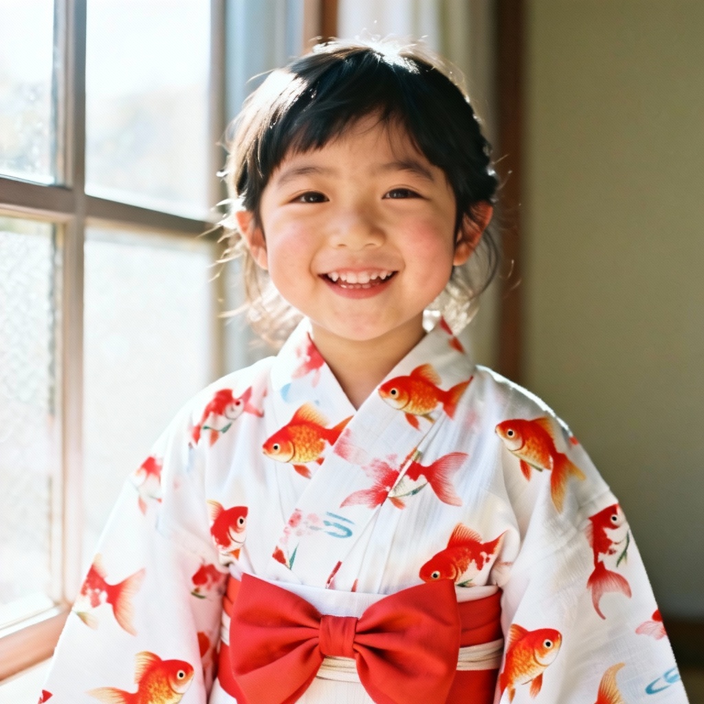 Child-friendly yukata try-on with goldfish pattern and bow obi
