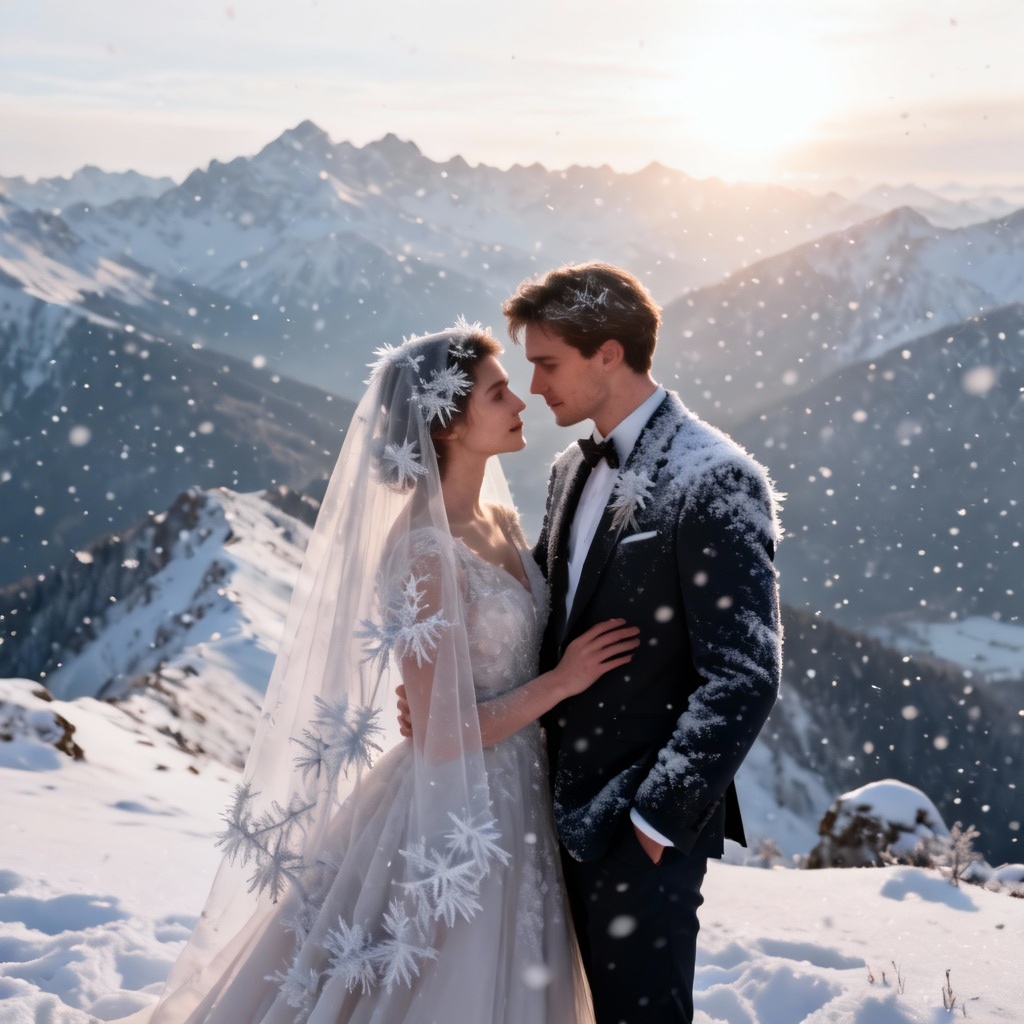 Wedding couple with realistic snowfall effect