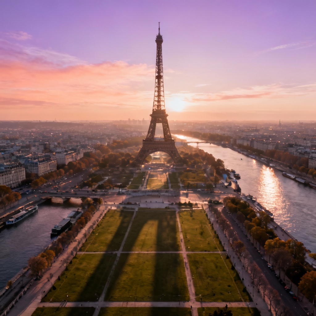 AI aerial dawn Paris skyline with Eiffel Tower
