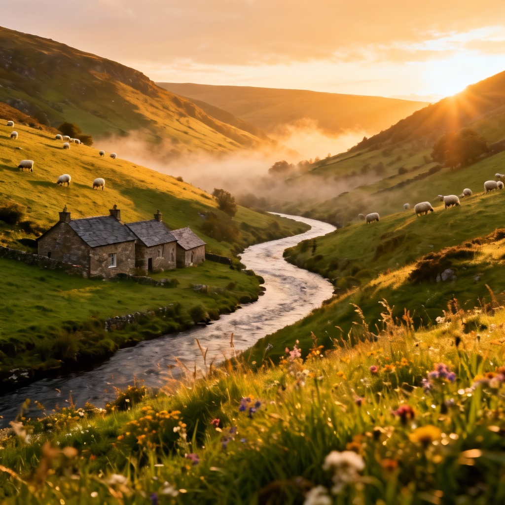 AI countryside valley at sunrise with cottages and river