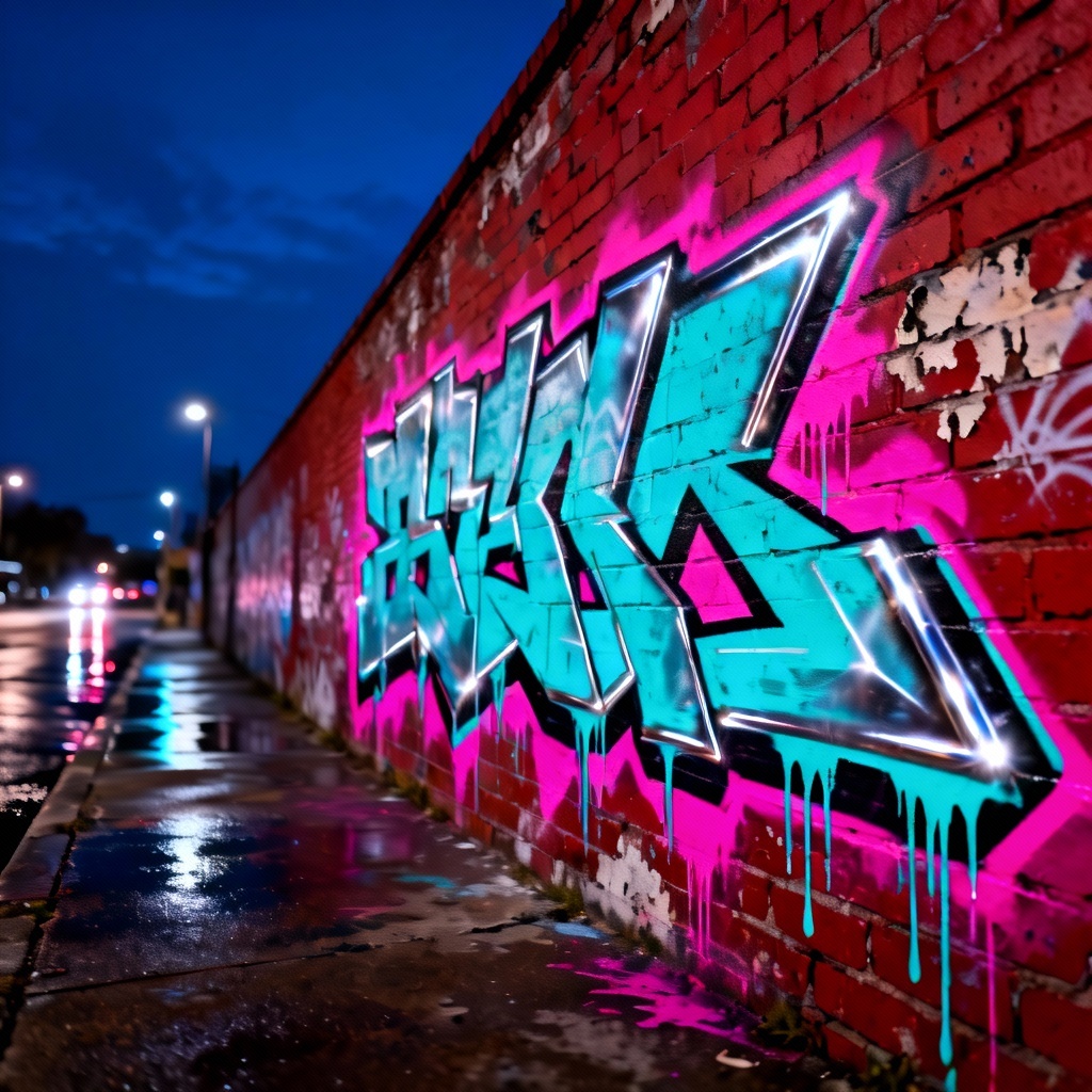 AI graffiti wildstyle on urban brick wall with neon spray paint drips
