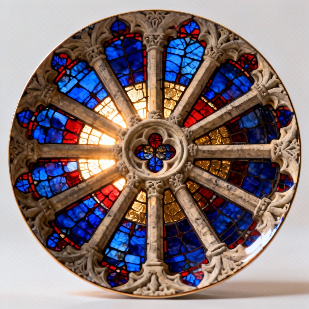 AI close-up of a Gothic rose window with stained glass