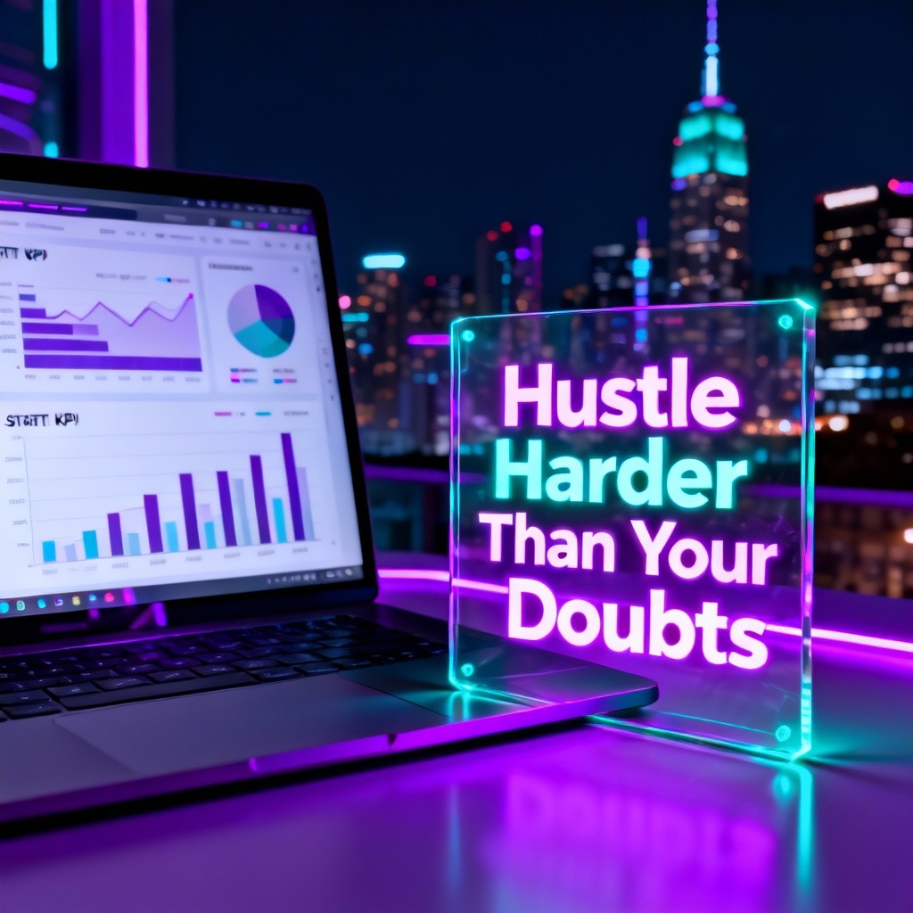 Futuristic neon 2026 hustle vision board with career goals