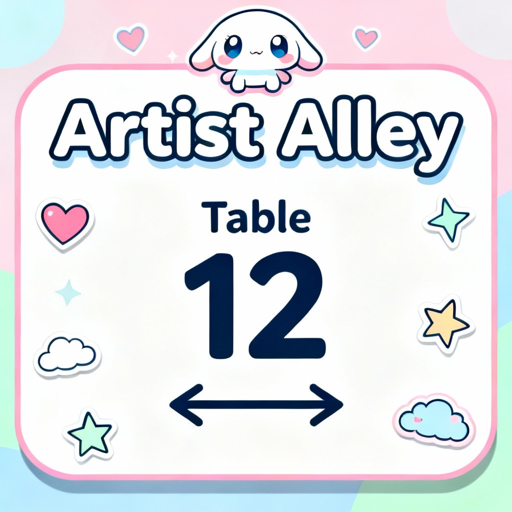 Artist Alley signage design with chibi mascot and pastel colors