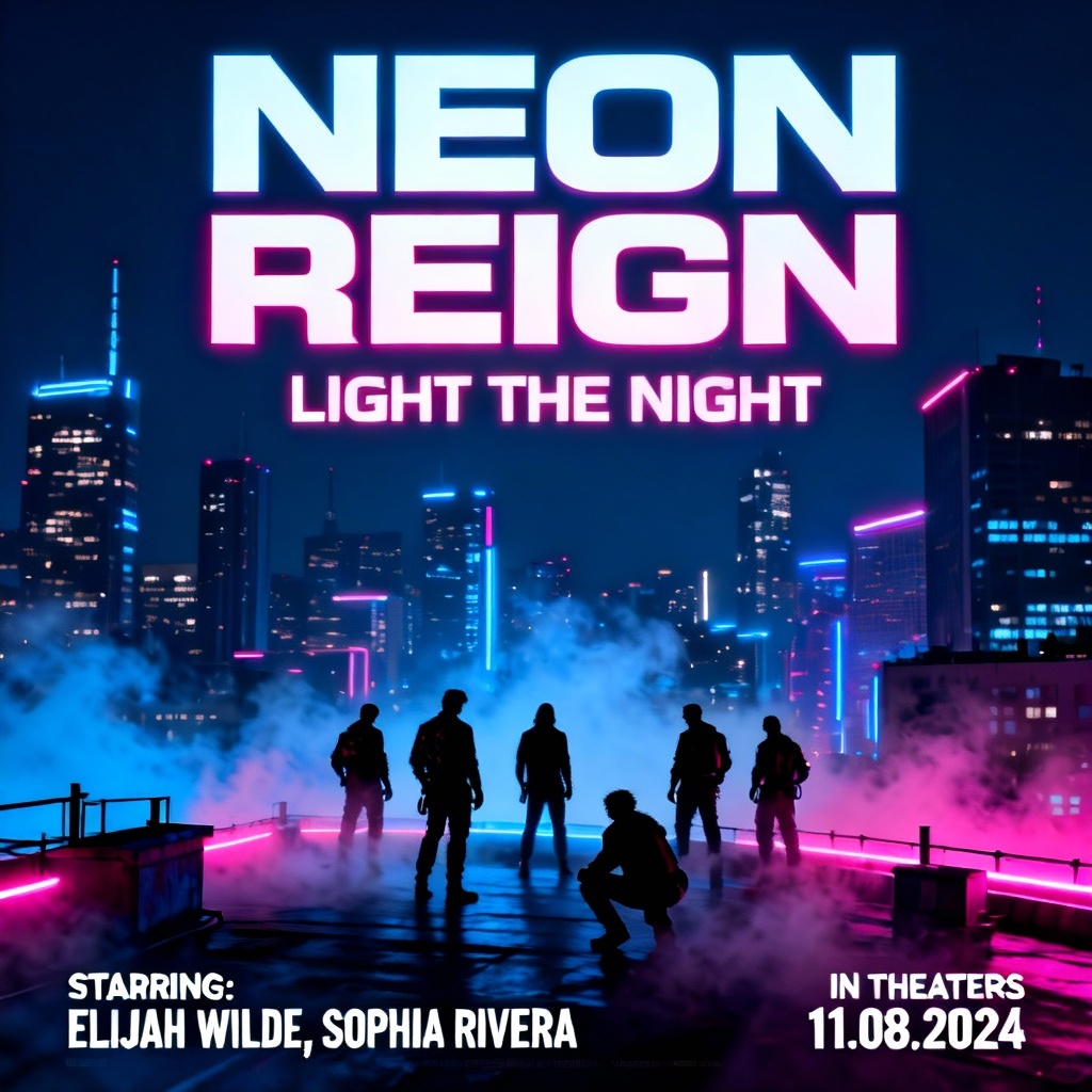 AI movie poster sample with neon city and bold title