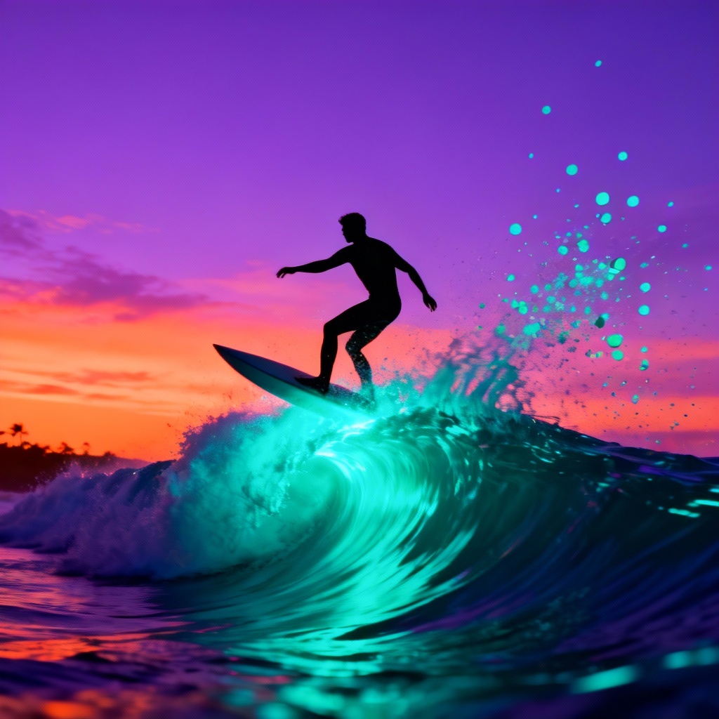 AI neon surf image at dusk with purple-orange sky