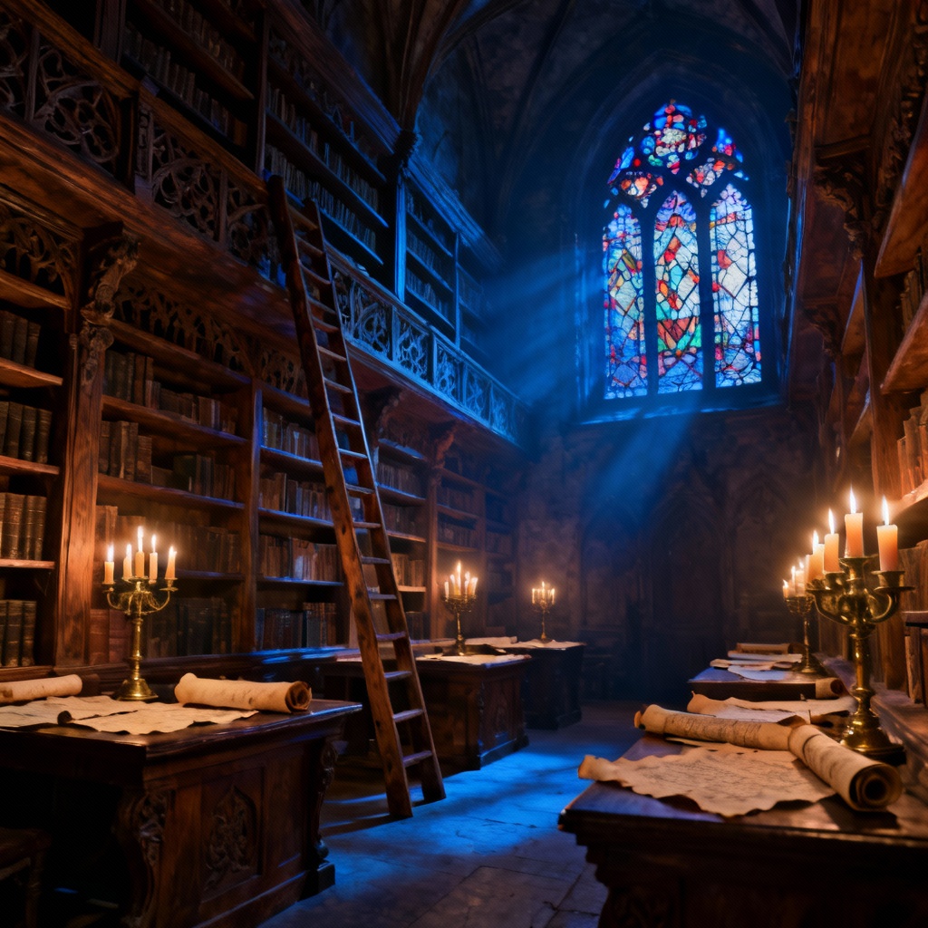 AI Gothic library with towering shelves and candlelight