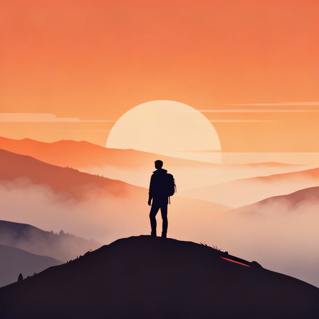 AI mountain hiker outline silhouette on sunrise gradient