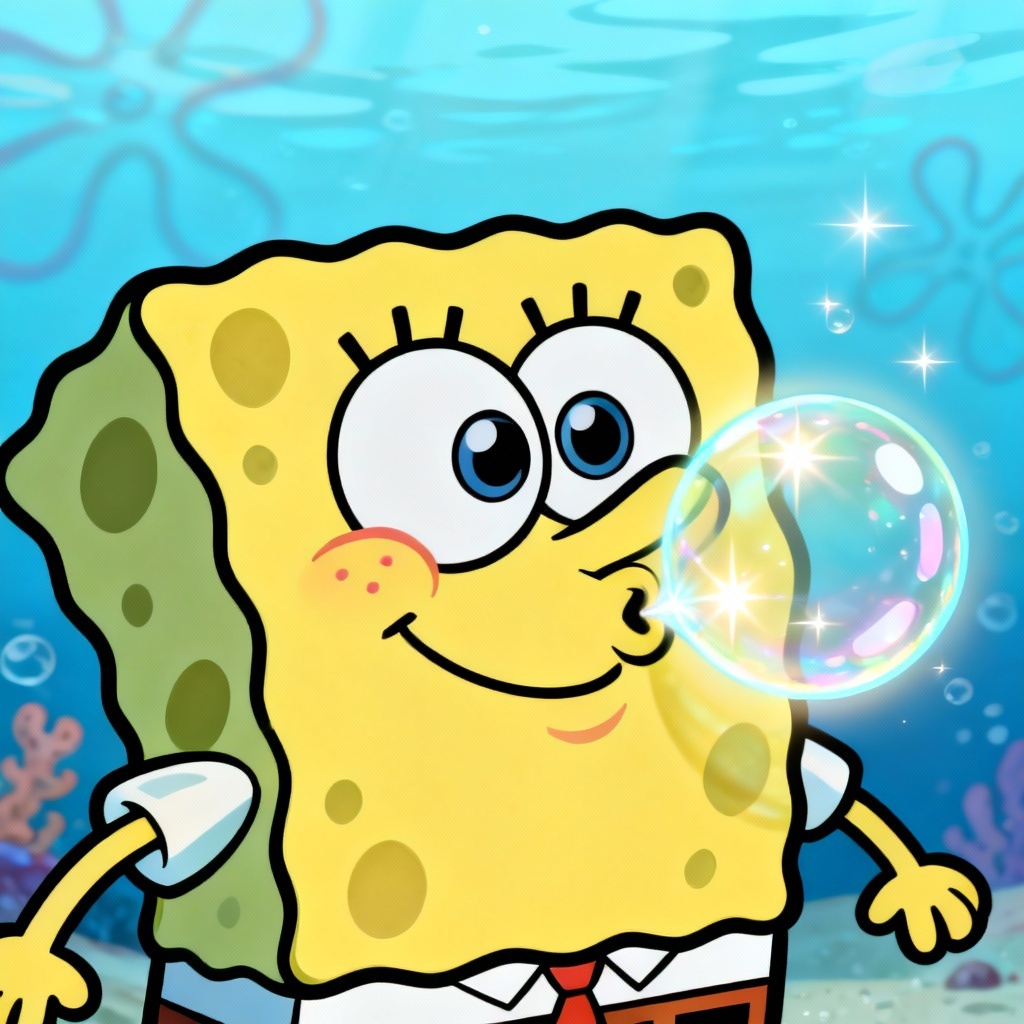 AI SpongeBob-style bubble blowing portrait
