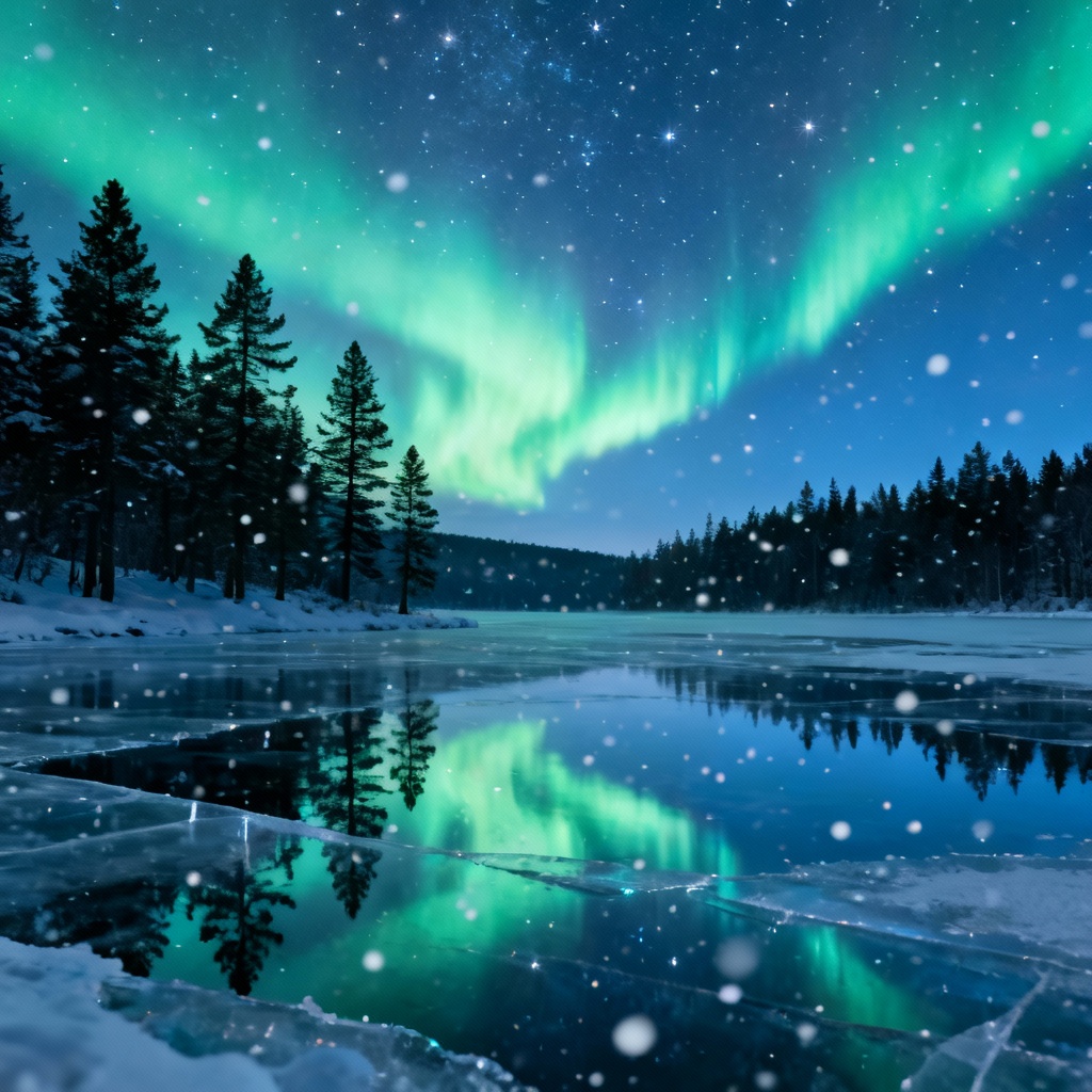 AI winter background with aurora over frozen lake