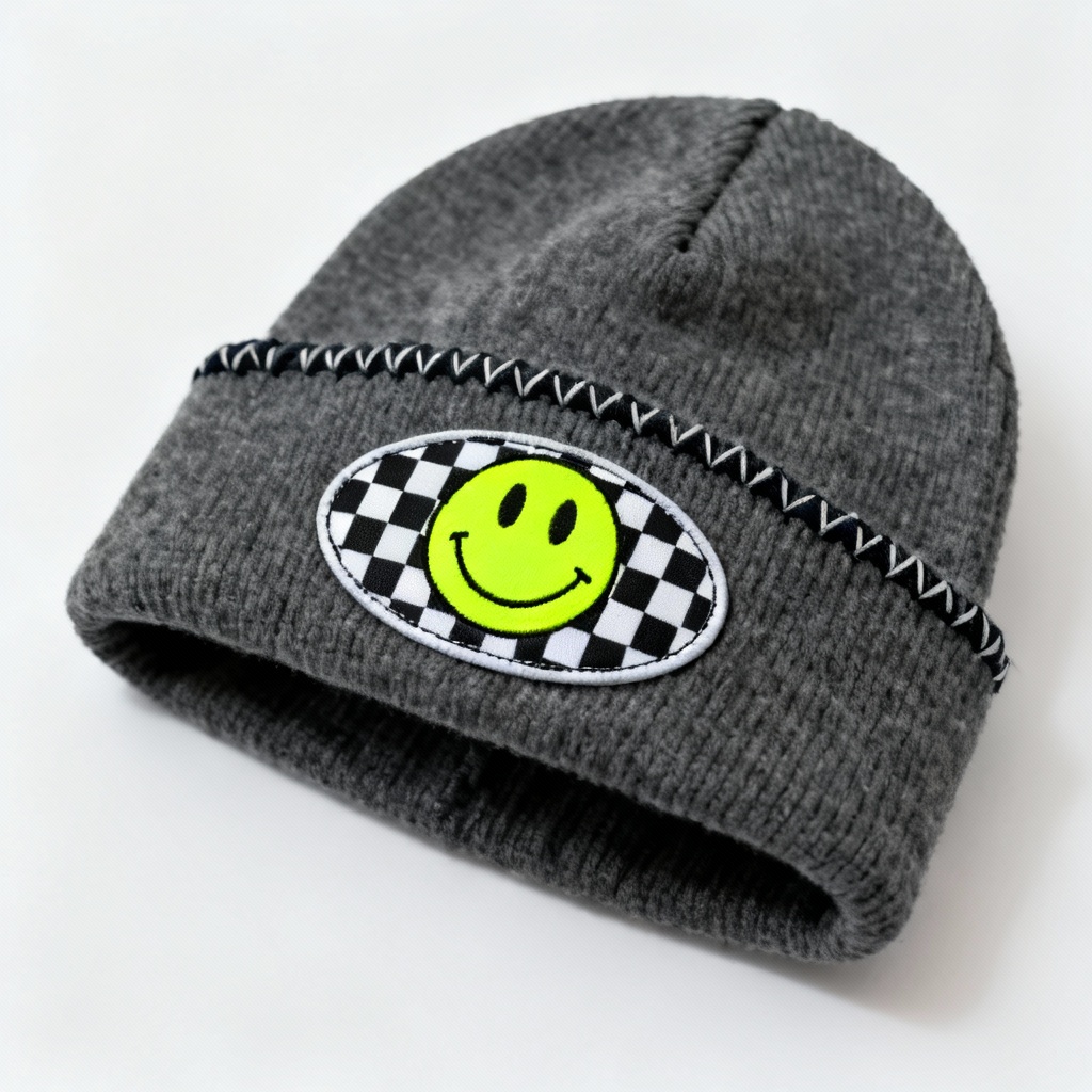 Checkerboard smiley patch Y2K beanie design