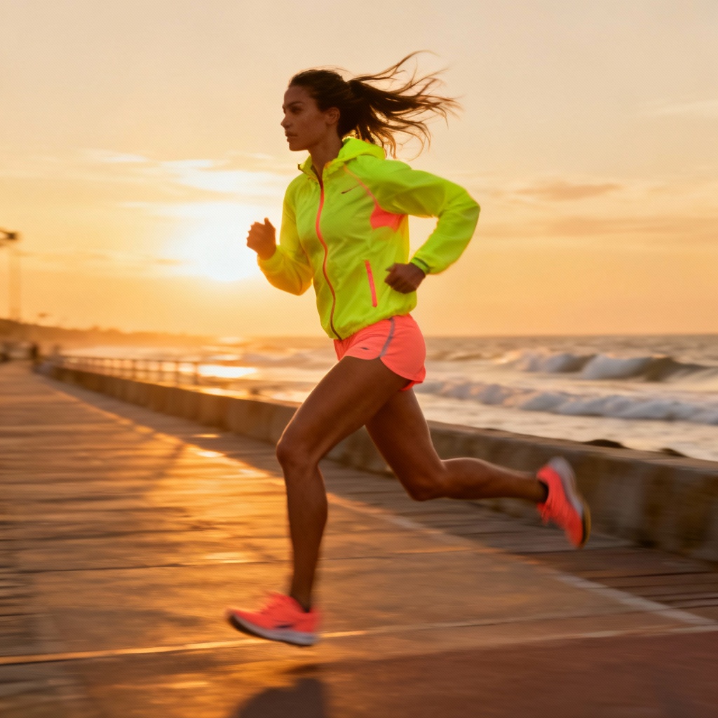 AI fitness model sprinting at sunrise on a coastal boardwalk