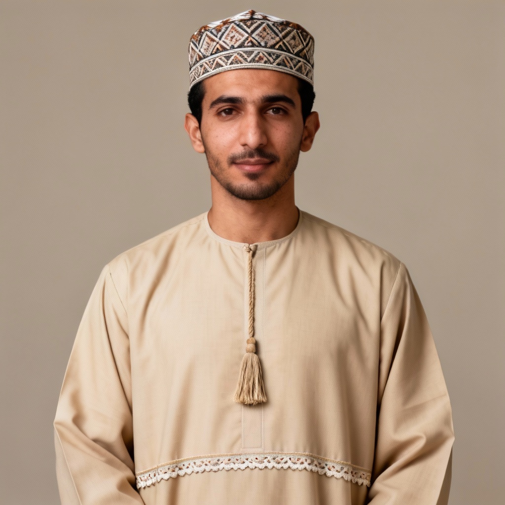 AI Omani dishdasha with kumma cap and neckline tassel