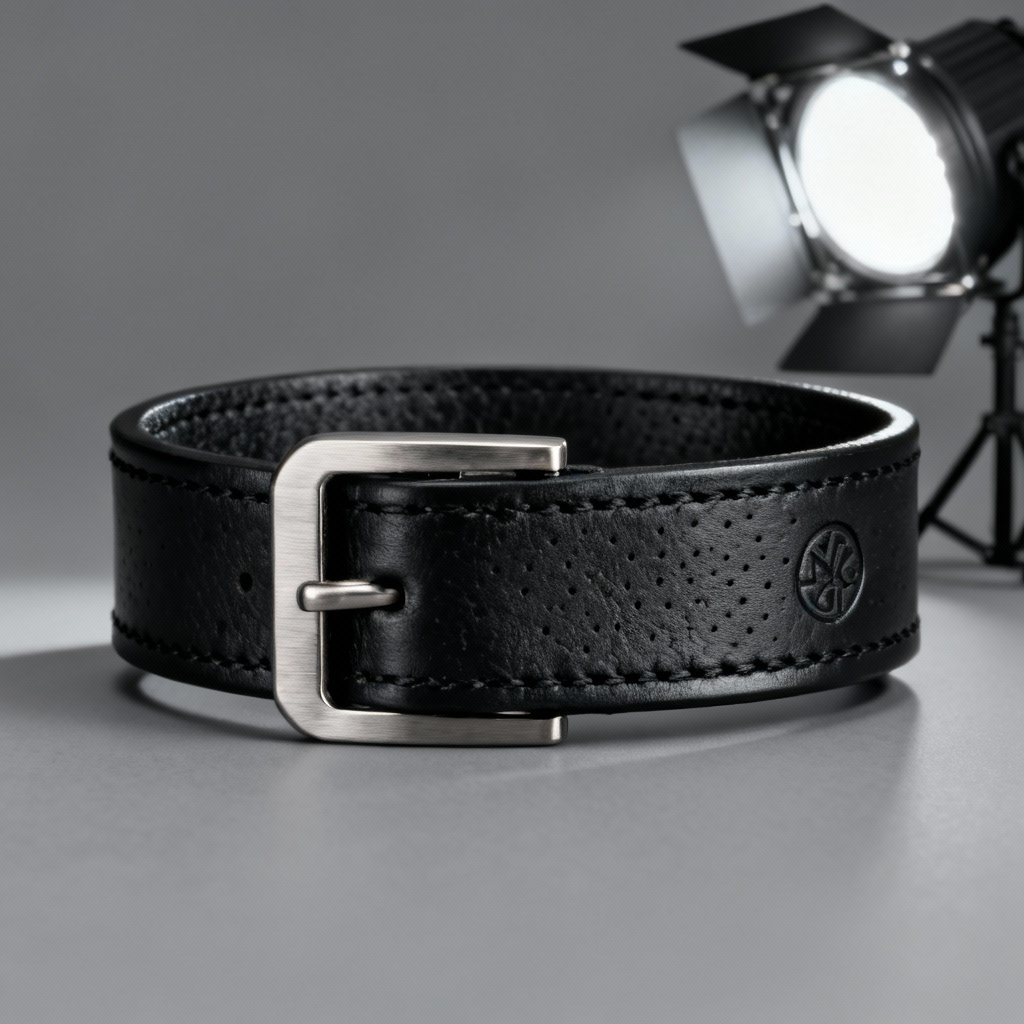 AI minimal black leather cuff wristband with brushed buckle