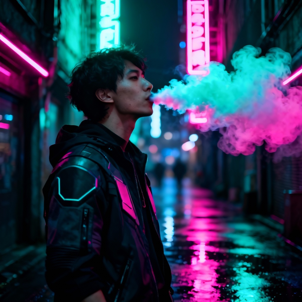 AI cyberpunk vape scene with neon colored vapor