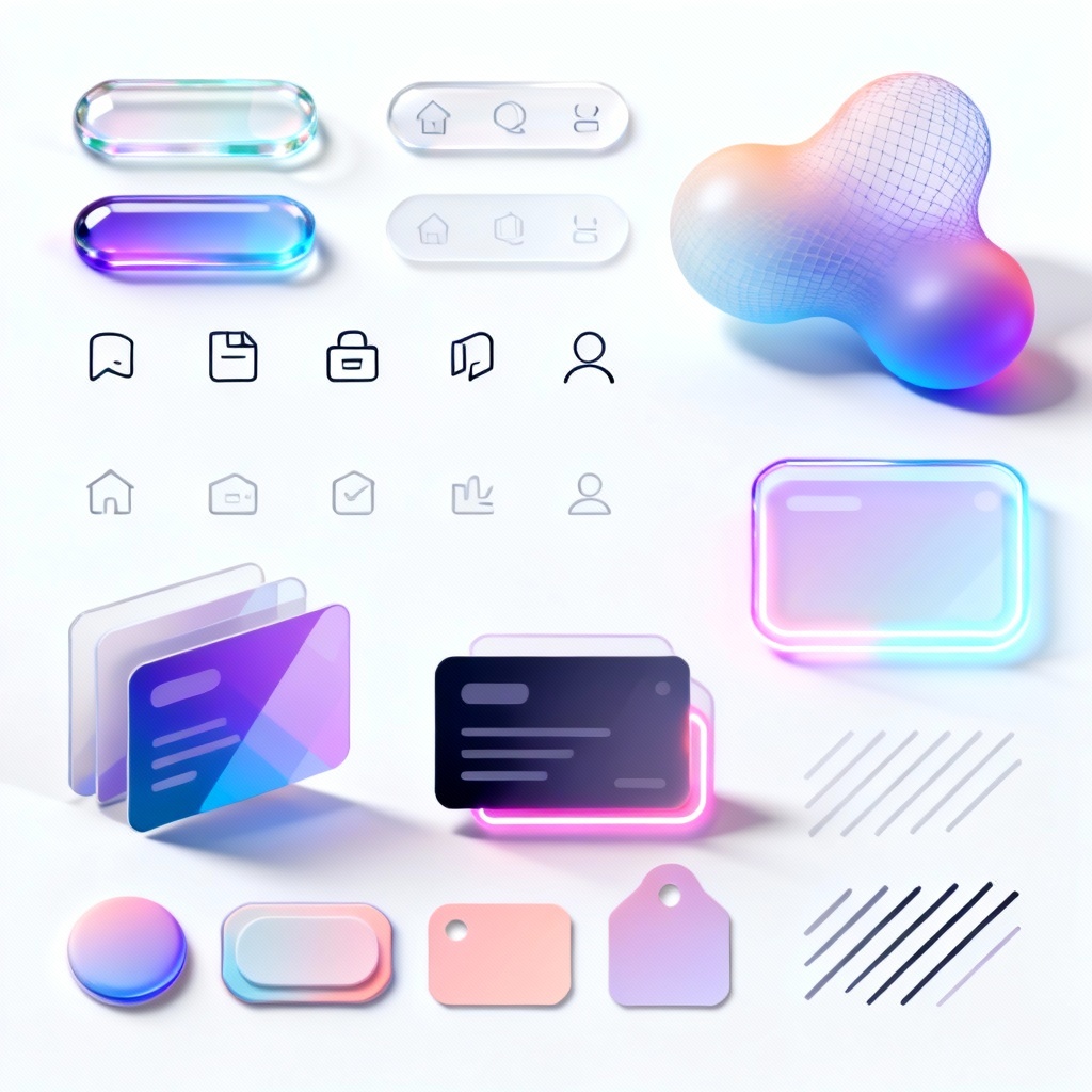 Collage of AI-generated universal elements including icons, buttons, badges, and abstract shapes