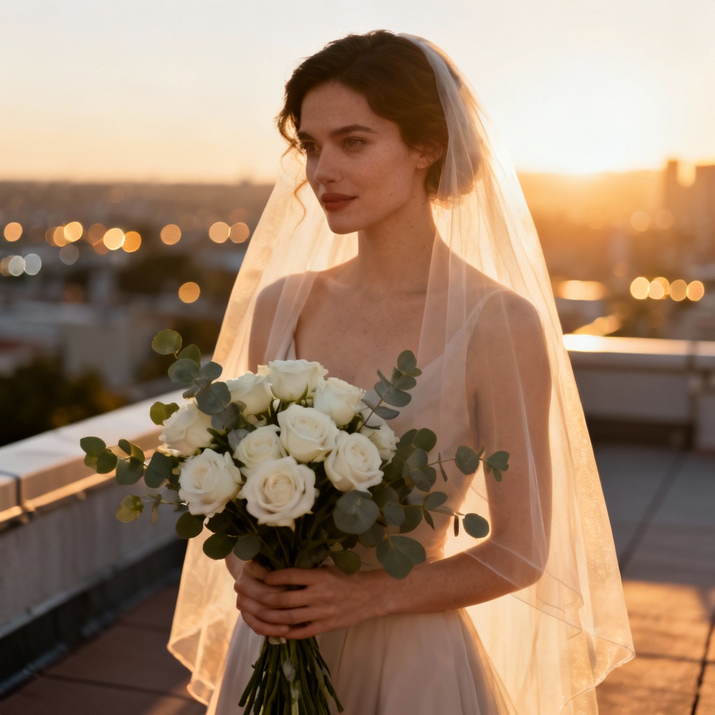 AI golden hour bridal photoshoot on terrace
