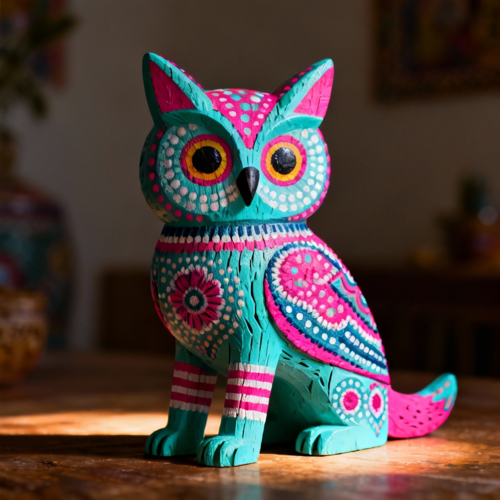 Coyote owl alebrije with neon Otomi style patterns