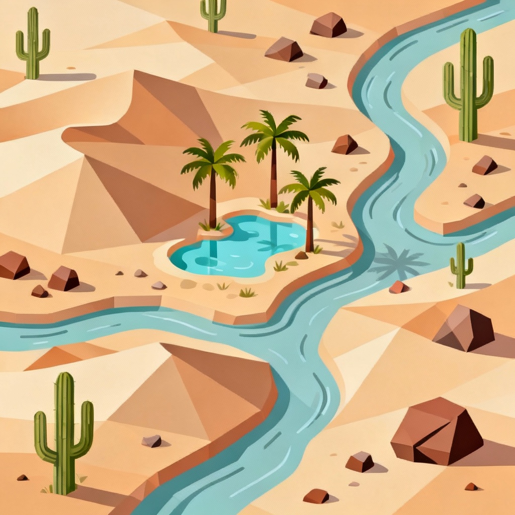 Isometric desert biome map with dunes, oasis, and cacti