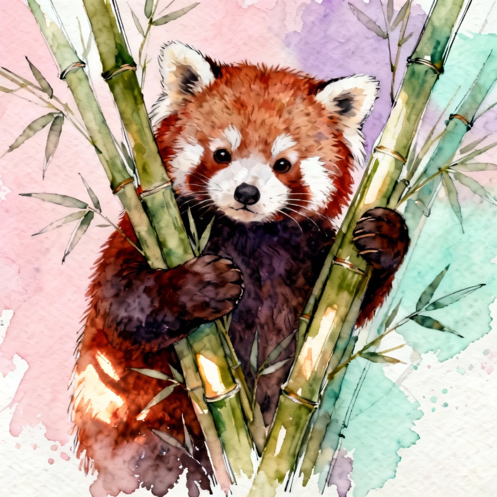 Whimsical watercolor red panda on bamboo