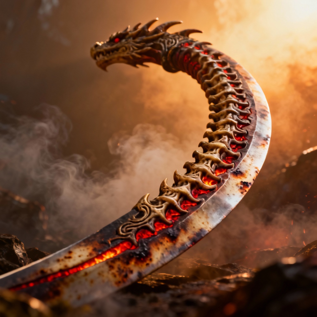 AI dragonbone saber with carved spine and ember accents