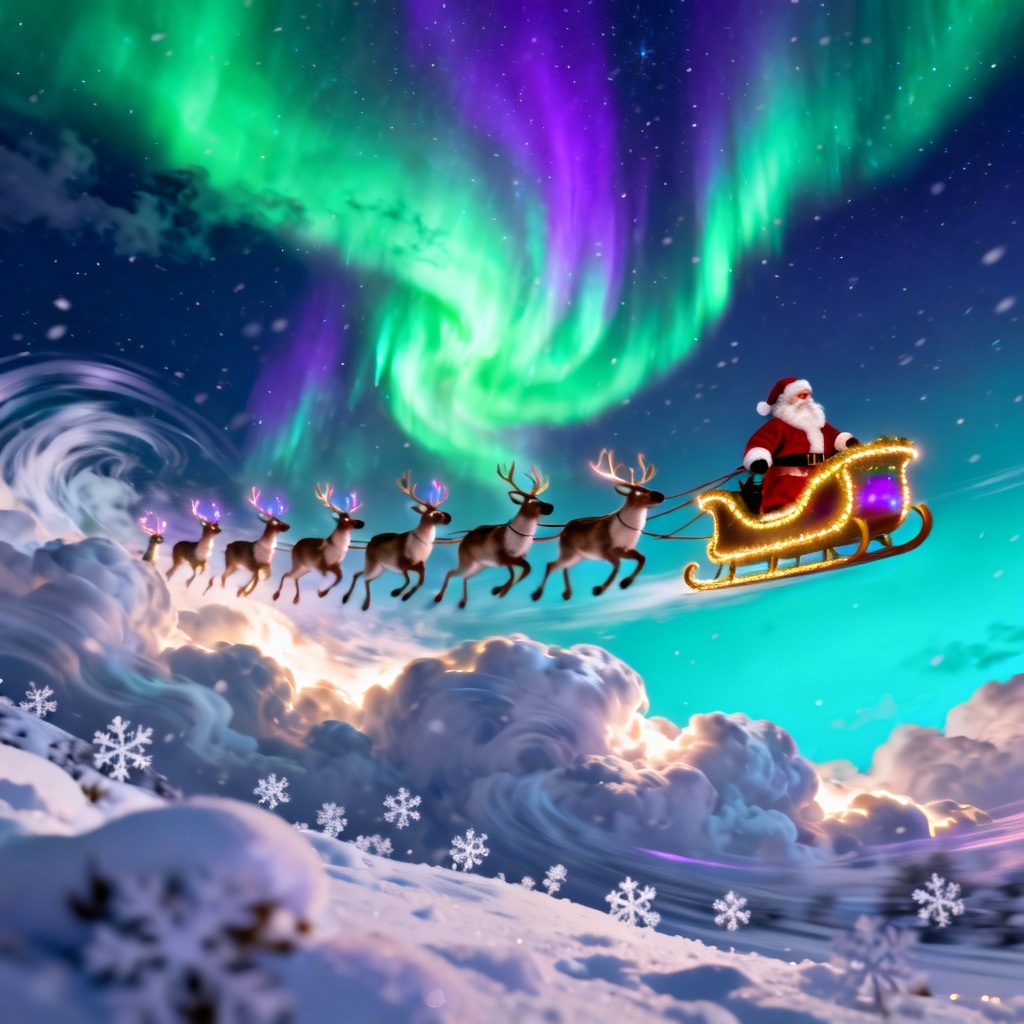AI cinematic Santa on sleigh with reindeer under aurora