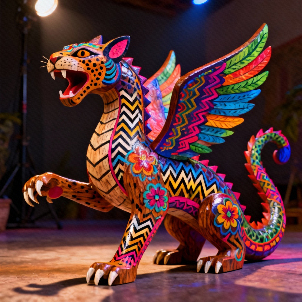 AI alebrije of a neon jaguar dragon with Oaxacan folk patterns