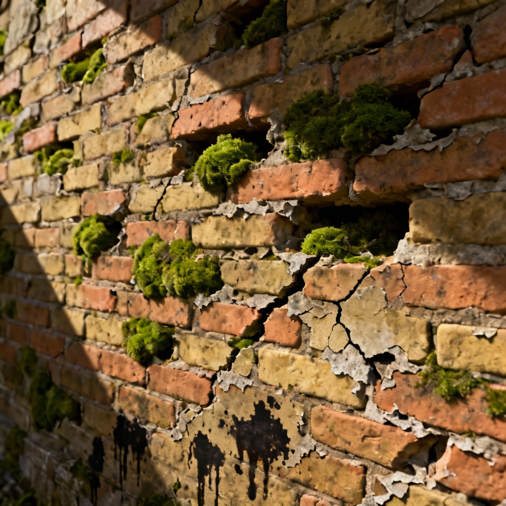 Mossy medieval brick wall, aged and seamless