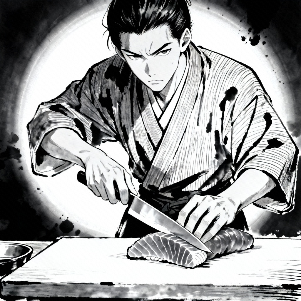 Anime samurai sushi master slicing sashimi