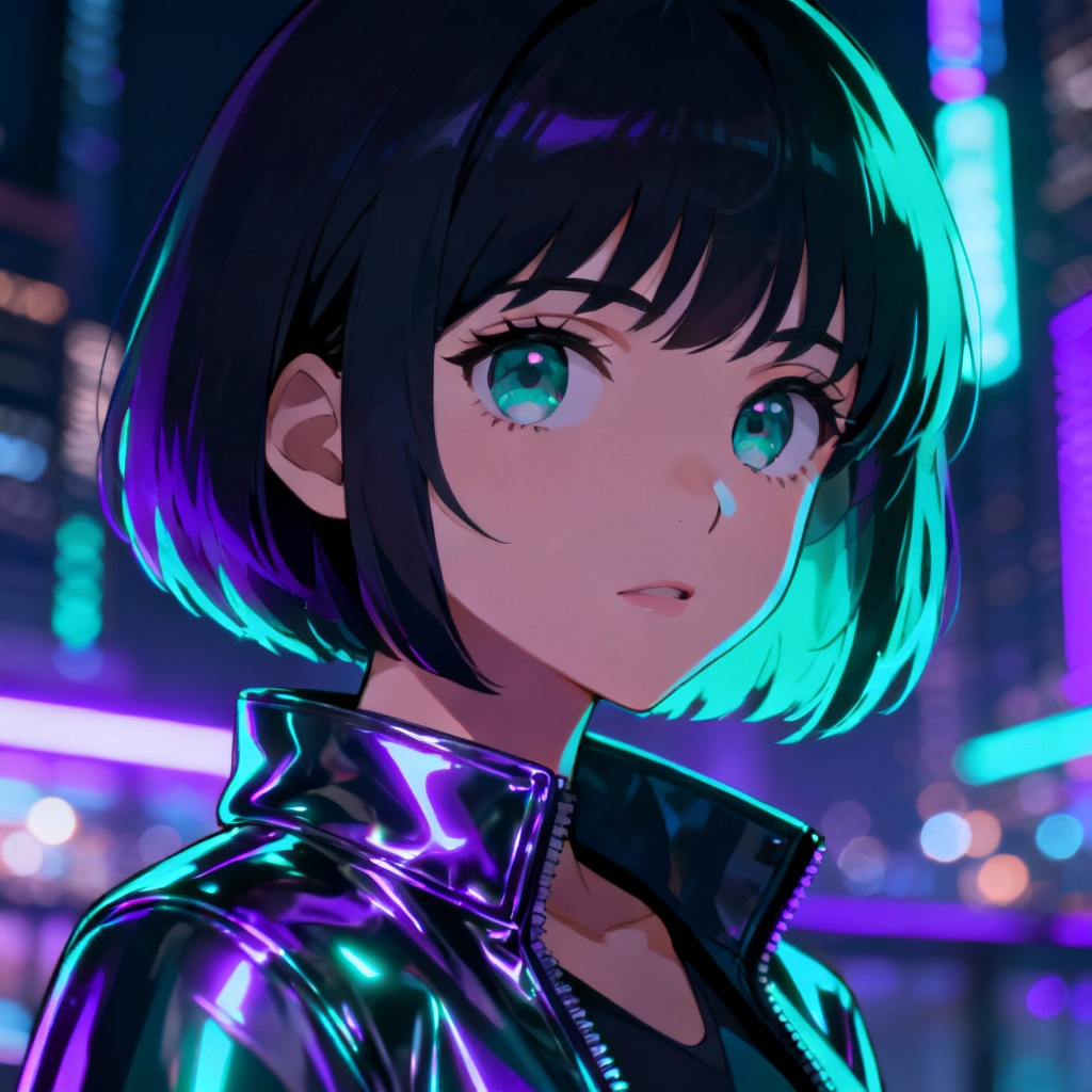 AI Mai avatar with neon city background, anime portrait