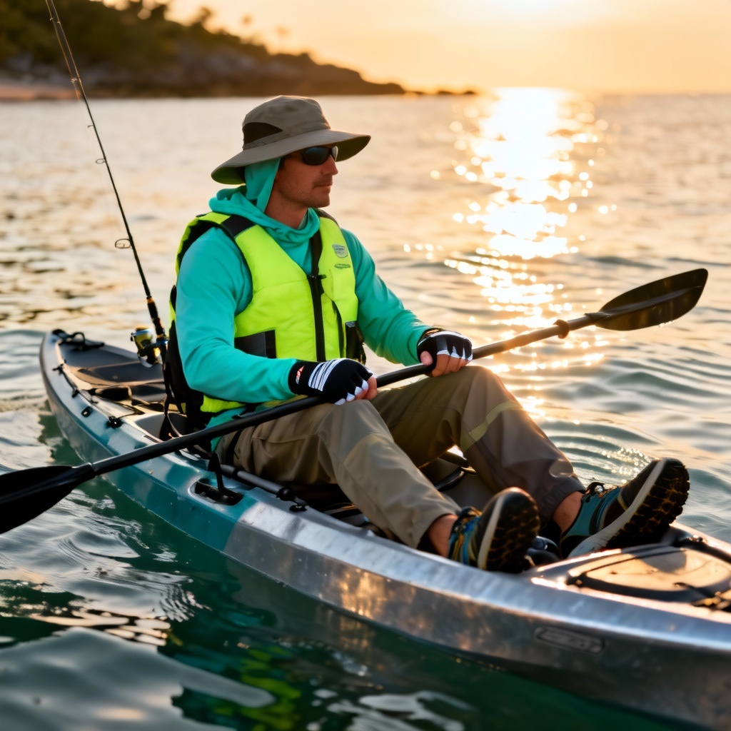 AI kayak fishing summer attire with PFD and sun hoodie